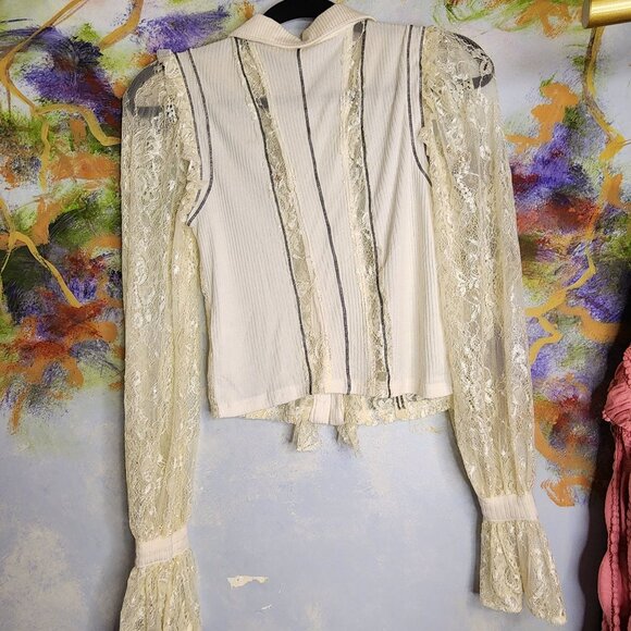 FREE PEOPLE Long Sleeve Lace Blouse with Ruffle Front Button - Picture 8 of 10